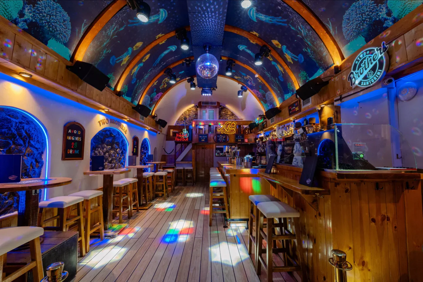 Interior of Two Brothers Bar in the city, featuring a disco ball and ocean-themed ceiling art.